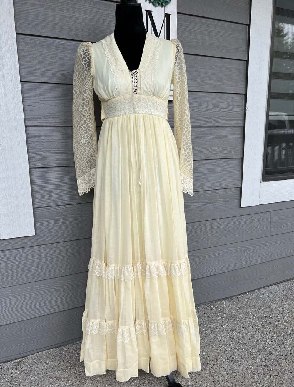 Vintage 1970s Gunne Sax Ivory Lace-Trimmed Prairie Maxi Dress